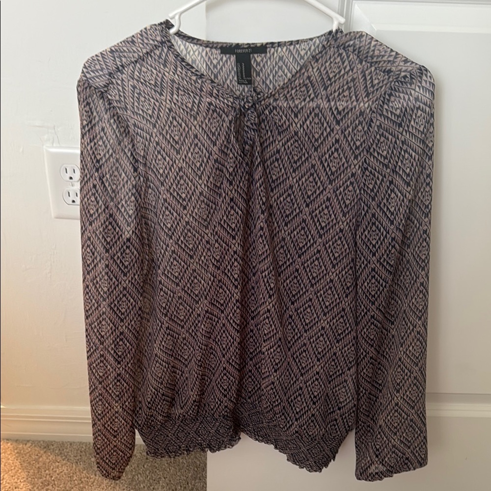 Forever 21 Brown and Cream Relaxed Blouse with Mandarin Collar